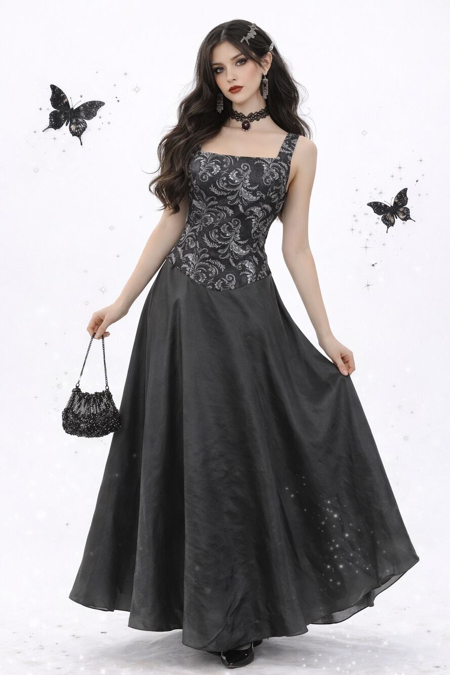 Vintage Alfred Angelo Womens Formal Dress Size M Black Silver Whimsygoth Prom
